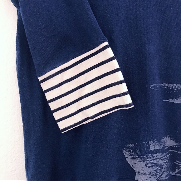 Blue Tunic W/ 3/4 Sleeves, Striped Cuffs, & Design - Picture 3 of 5